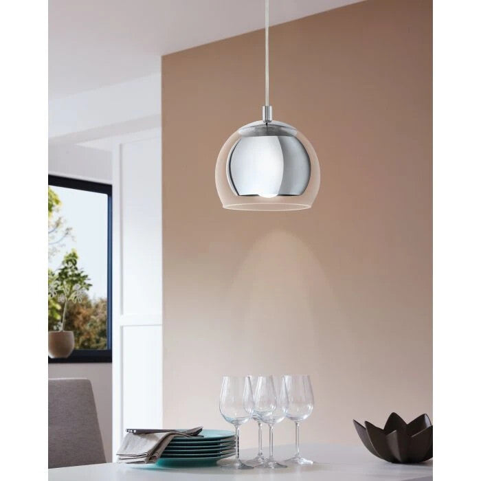 EGLO Pendelleuchte mit kugelförmigen schirm in 1xE27 Chrom Glas, Designo, NEU