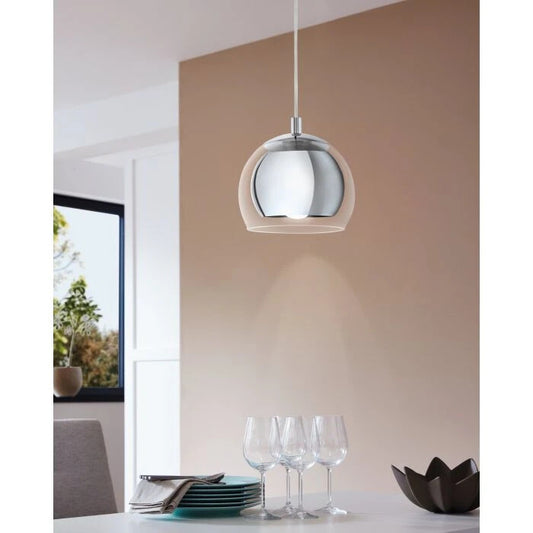 EGLO Pendelleuchte mit kugelförmigen schirm in 1xE27 Chrom Glas, Designo, NEU