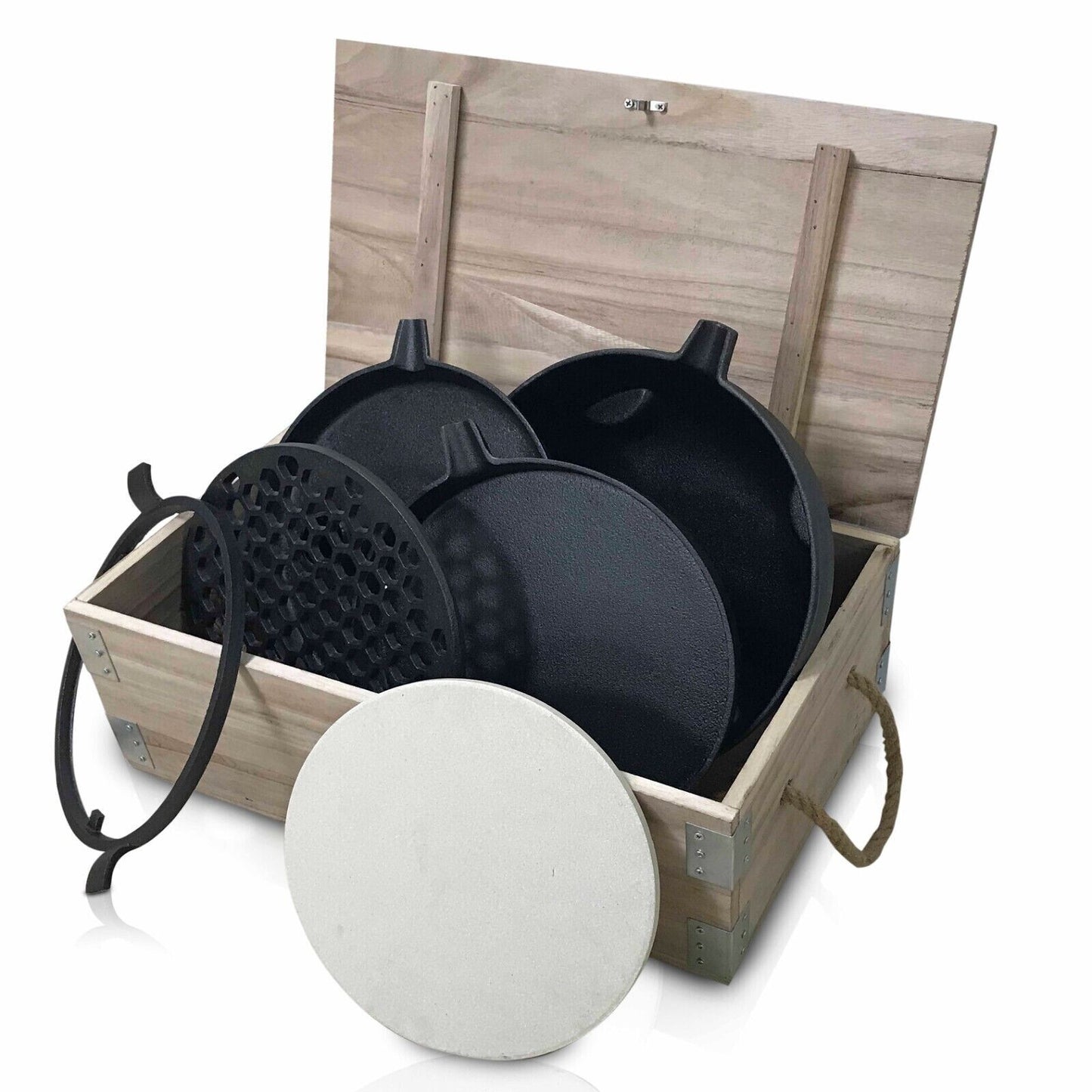 ACTIVA Rosteinsatz-Set 7-tlg Gusseisen Grillplatte Wok Pfanne Pizzastein Ø30cm
