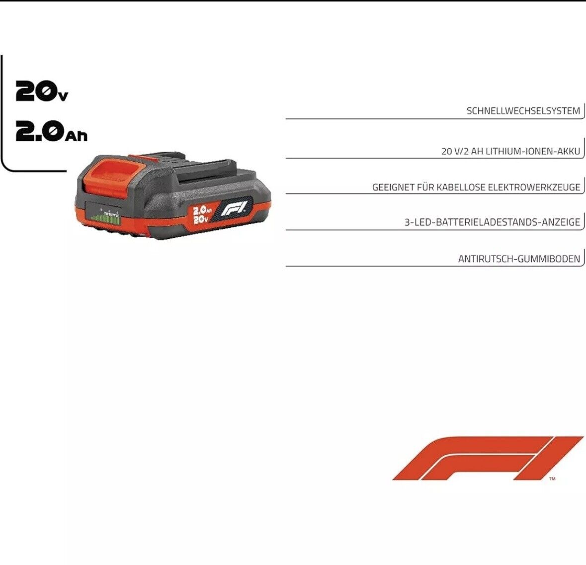 Lithium Ionen Akku 20V Formula 1 2,0 Ah,langlebiger Li-Ionen Hochleistungs Akku