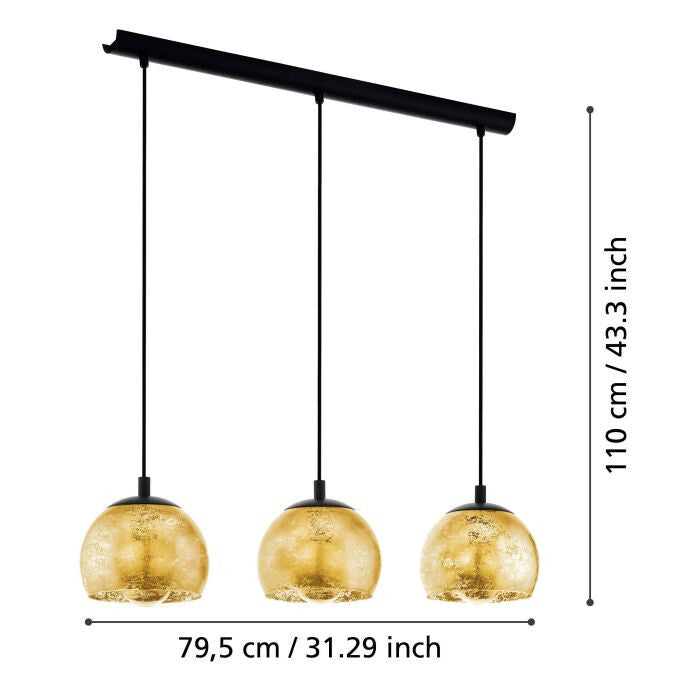 Eglo 98525 ALBARACCIN E27 3-fach Hängeleuchte 780x190mm Schwarz Goldfarben, NEU