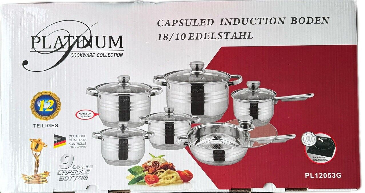 PLATINUM 12-tlg Edelstahl Kochgeschirrset Rostfrei Deckel  Induktion MUST HAVE