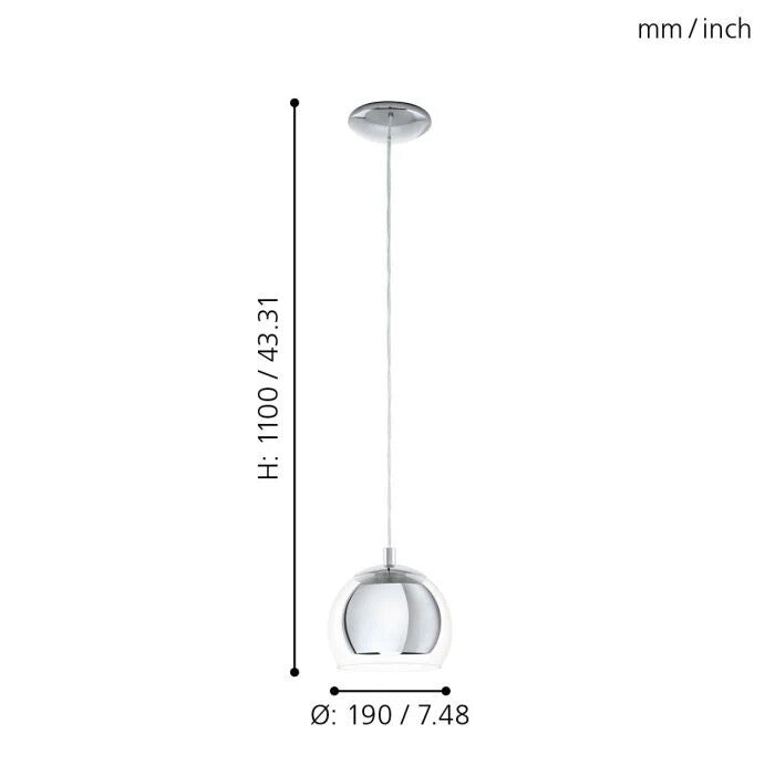 EGLO Pendelleuchte mit kugelförmigen schirm in 1xE27 Chrom Glas, Designo, NEU