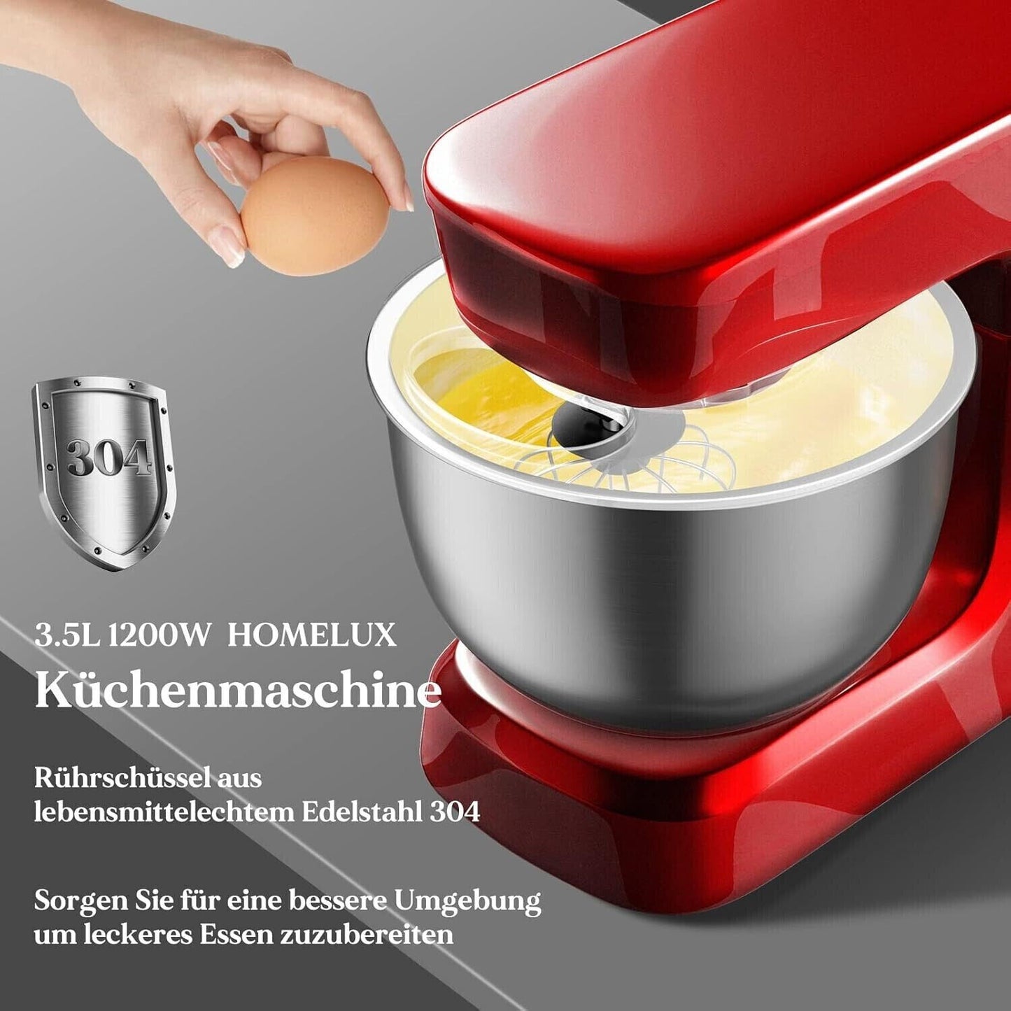 Eisenbach SC-207 3,5L Küchenmaschine mit Edelstahlschüssel - 1200W, ROT
