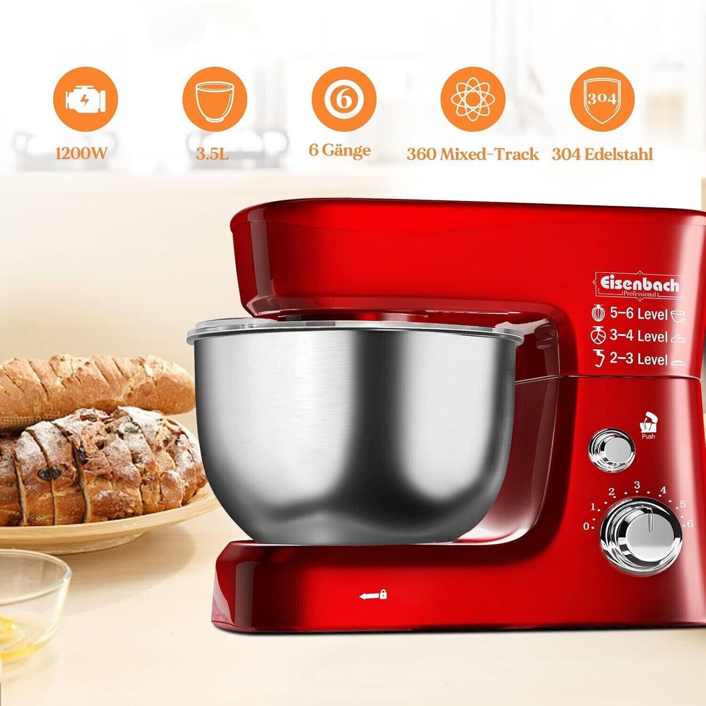 Eisenbach SC-207 3,5L Küchenmaschine mit Edelstahlschüssel - 1200W, ROT