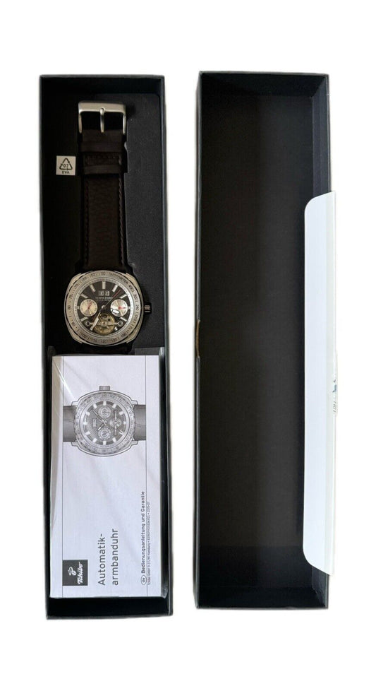 Herren Automatik Chronograph Uhr, Edelstahl, Lederarmband, Modern, NEU, OVP,