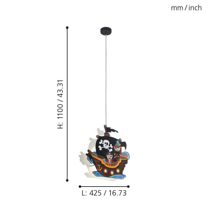 Pendellampe Hängeleuchte Holzlampe Kinderzimmerlampe Piratenschiff bunt H 110 cm