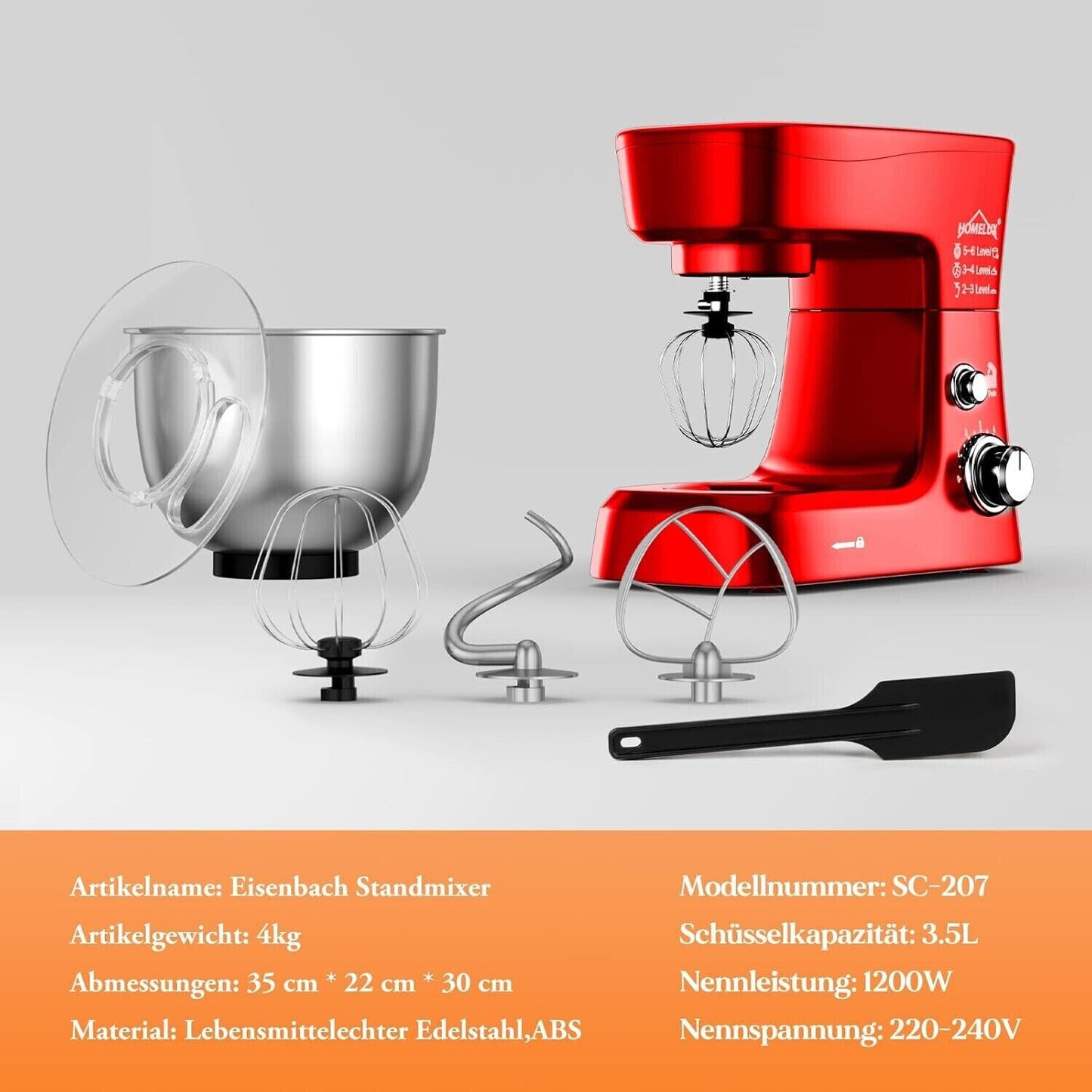 Eisenbach SC-207 3,5L Küchenmaschine mit Edelstahlschüssel - 1200W, ROT