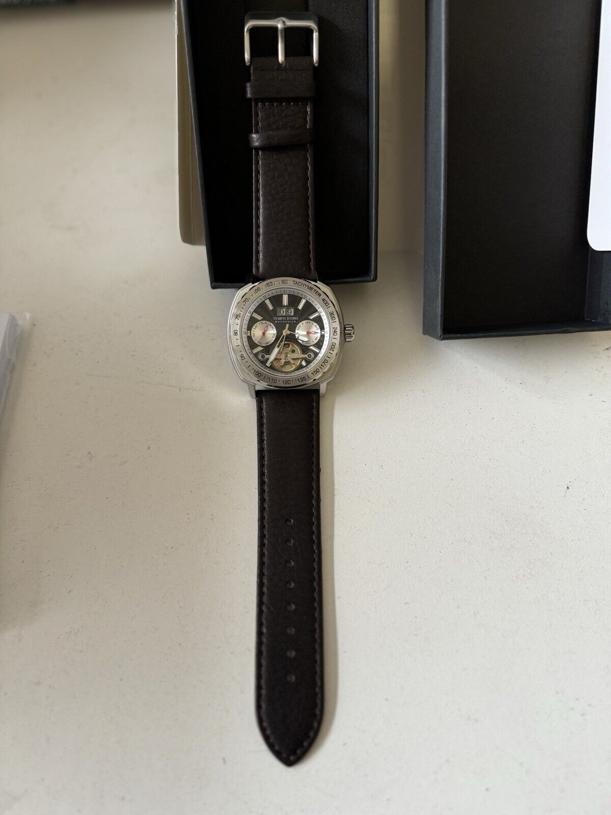 Herren Automatik Chronograph Uhr, Edelstahl, Lederarmband, Modern, NEU, OVP,