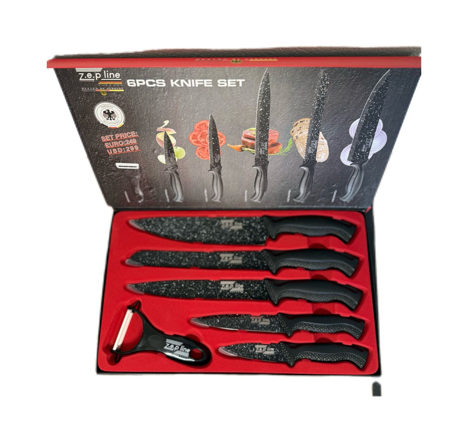 !!ANGEBOT!! 6 Teiliges Messer-Set inkl. Schäler, Extrem Scharf, Schwarz Design,