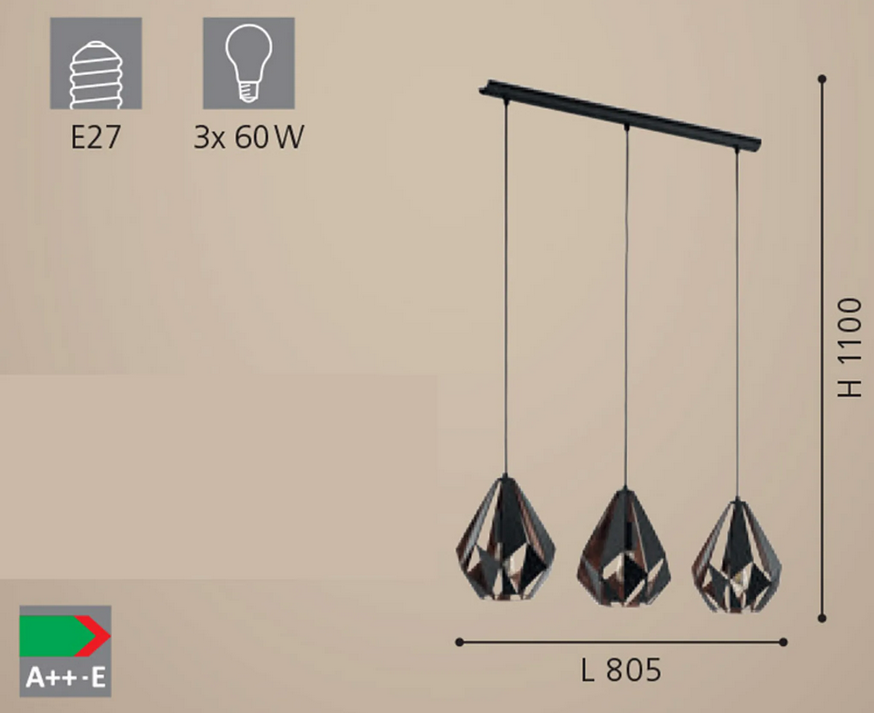 Eglo 3er Pendelleuchte Carlton 1 schwarz-kupfer 80,5 x 20,5 cm E27 Pendelleuchte