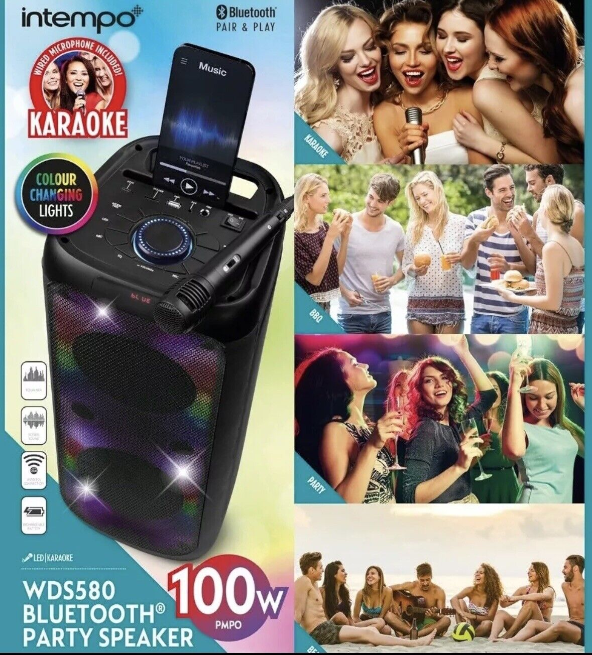 INTEMPO WDS580 Bluetooth Karaoke Lautsprecher LED Party Boom Box + Mikrofon Akku