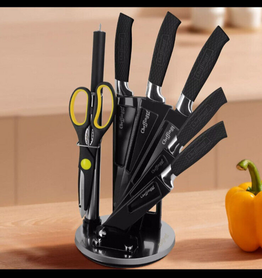 Cheffinger Home Messerset 8-teiliges Edelstahl-Küchenmesser-Set mit rotier Ständ