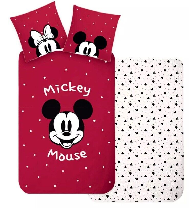 Disney Renforcé Wende Bettwäsche 135x200cm Mickey Mouse Minnie Schleife Rot Weiß