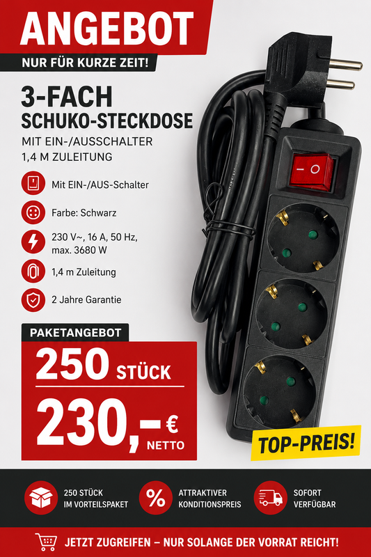 250 Stück – B2B-Angebot:3-fach Schuko-Steckdosenleiste mit Schalter 1,4 m Kabel Schwarz 3680 W 16 A CE-geprüft für Wiederverkäufer & Handel