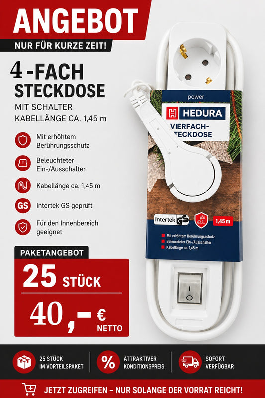 25 Stück – B2B-Angebot:  Praktische HEDURA 4-fach Steckdosenleiste  für Wiederverkäufer & Handel