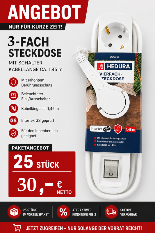 25 Stück – B2B-Angebot:Praktische HEDURA 3-fach Steckdosenleiste für Wiederverkäufer & Handel