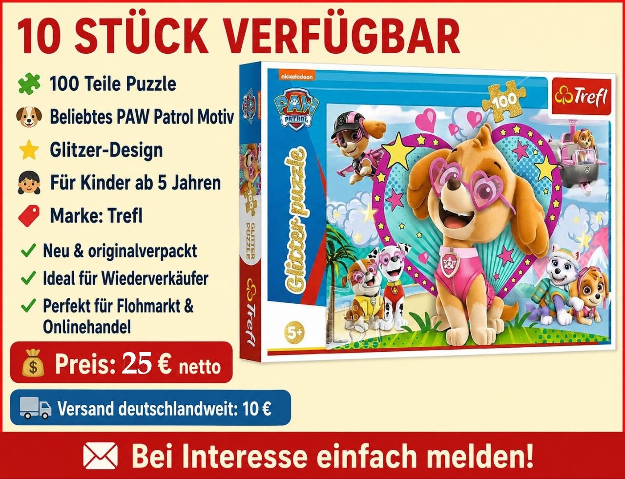 B2B-Angebot Trefl, Puzzle Glitter, Im Schein von Skye, PAW Patrol, 100 Teile im 10er-Set erhältlich – ideal für Wiederverkäufer und den Handel.