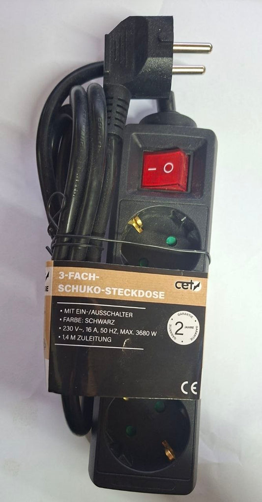 250 Stück – B2B-Angebot:3-fach Schuko-Steckdosenleiste mit Schalter 1,4 m Kabel Schwarz 3680 W 16 A CE-geprüft für Wiederverkäufer & Handel