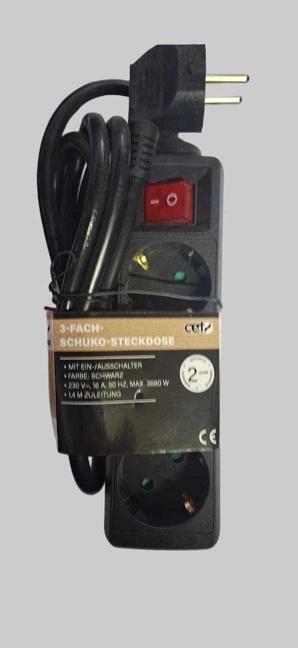 250 Stück – B2B-Angebot:3-fach Schuko-Steckdosenleiste mit Schalter 1,4 m Kabel Schwarz 3680 W 16 A CE-geprüft für Wiederverkäufer & Handel